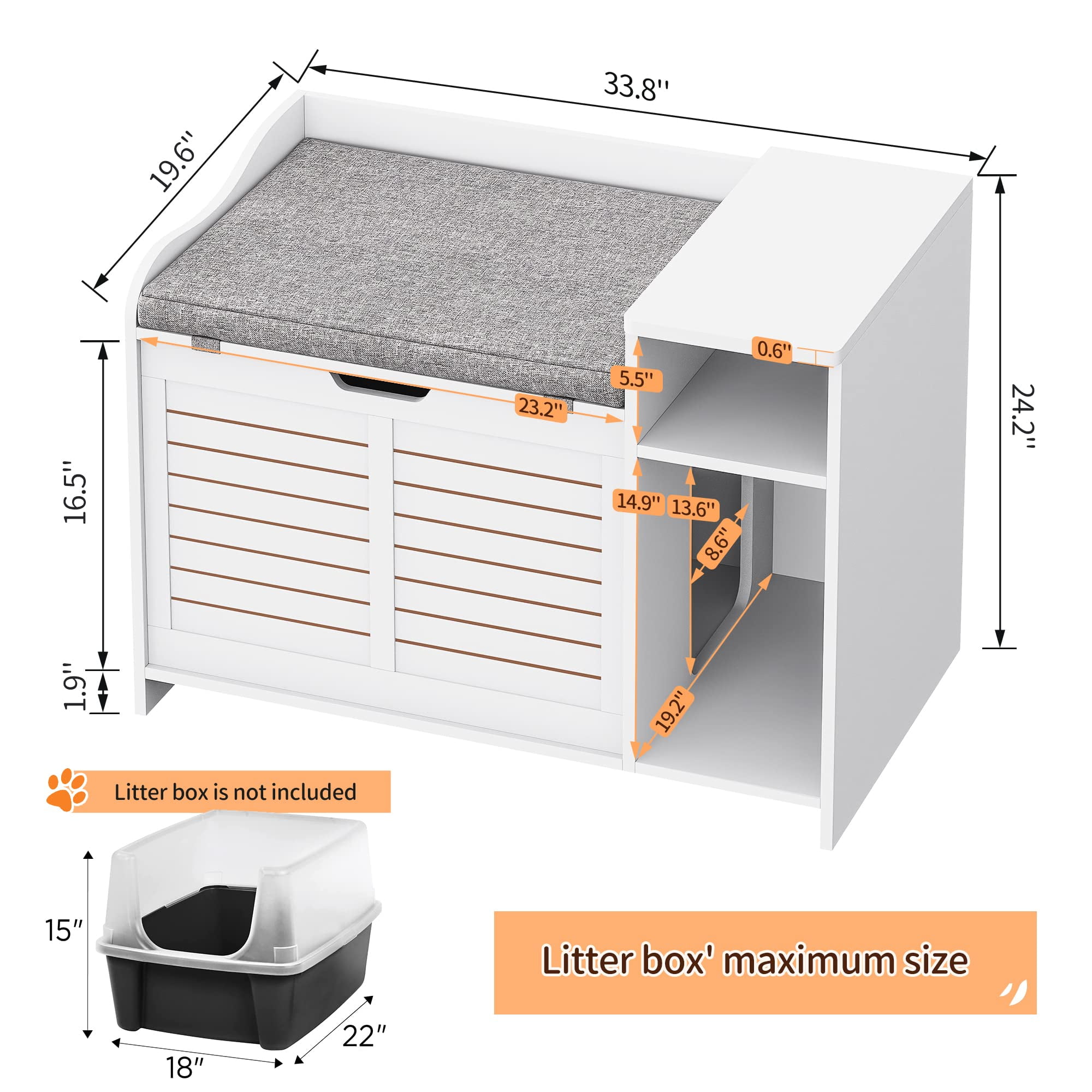 Cat Litter Box Furniture, Hidden Cat Litter Box Cabinet with Top Opening and Cushion, Privacy Cat Litter Box Enclosure with Storage, Litter Box Enclosure Furniture