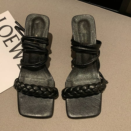 

SUOJIALUN New Fashion Women Weave Sandals Square High Heel Lace Up Gladiator Shoes Narrow Band Back Strap Sandal Zapatos Mujer