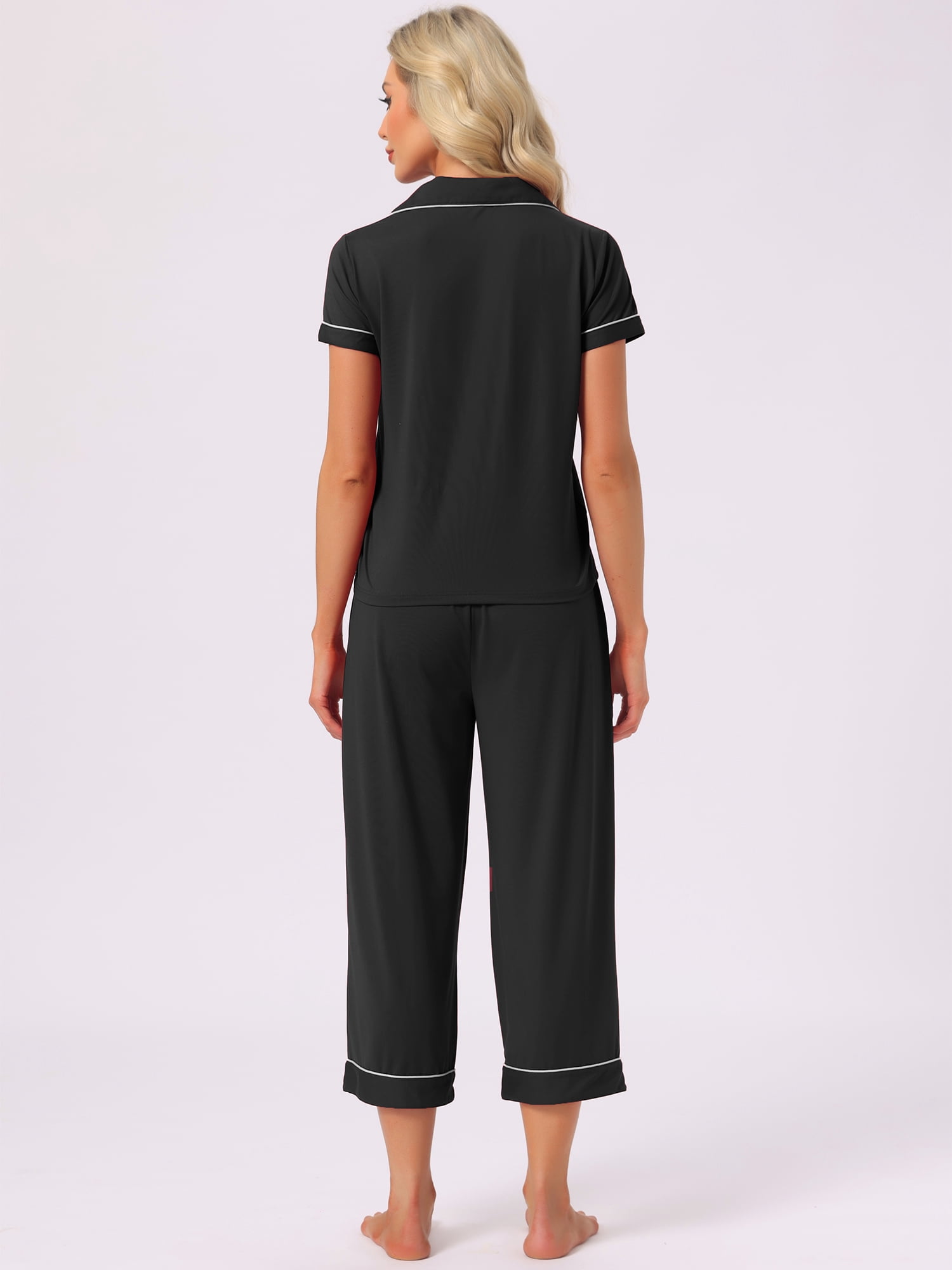 DARING DIVA Women's Capri Pajamas Short Sleeve Button Down Tops with Pants Set XL Black