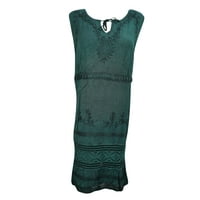 Mogul Women's Stonewashed Dress Green Embroidered Sleeveless Hippie Lace Work Midi Sundress XL