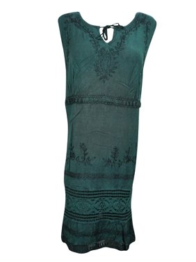 Mogul Women's Stonewashed Dress Green Embroidered Sleeveless Hippie Lace Work Midi Sundress XL