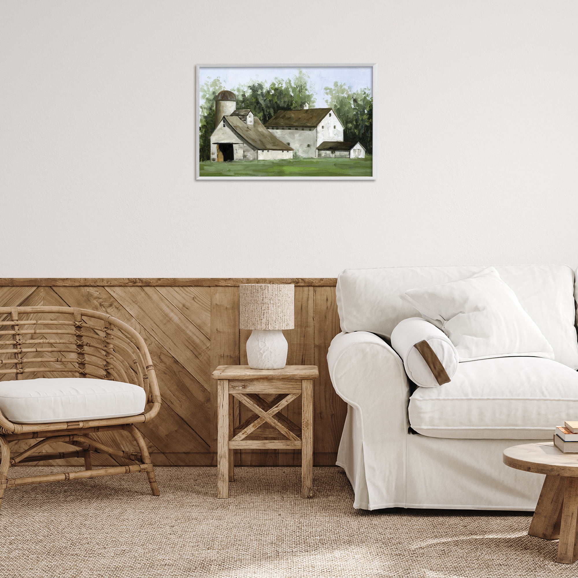 Stupell Industries White Barn Farmhouse Landscape Painting White Framed Art Print Wall Art, 24 x 16