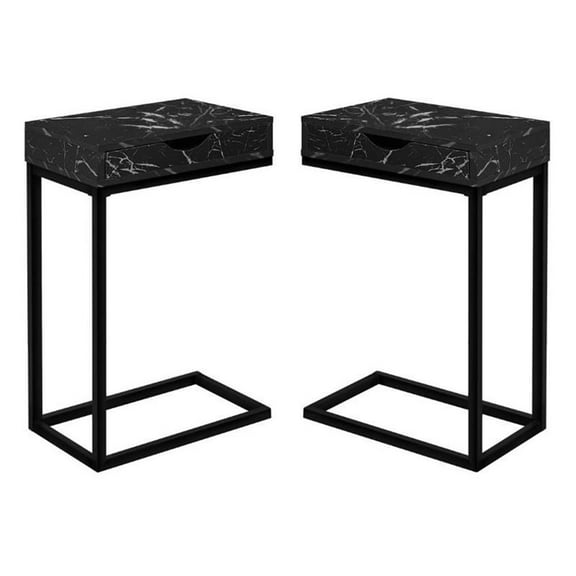 Home Square Faux Marble Storage Top C Side Table in Black - Set of 2