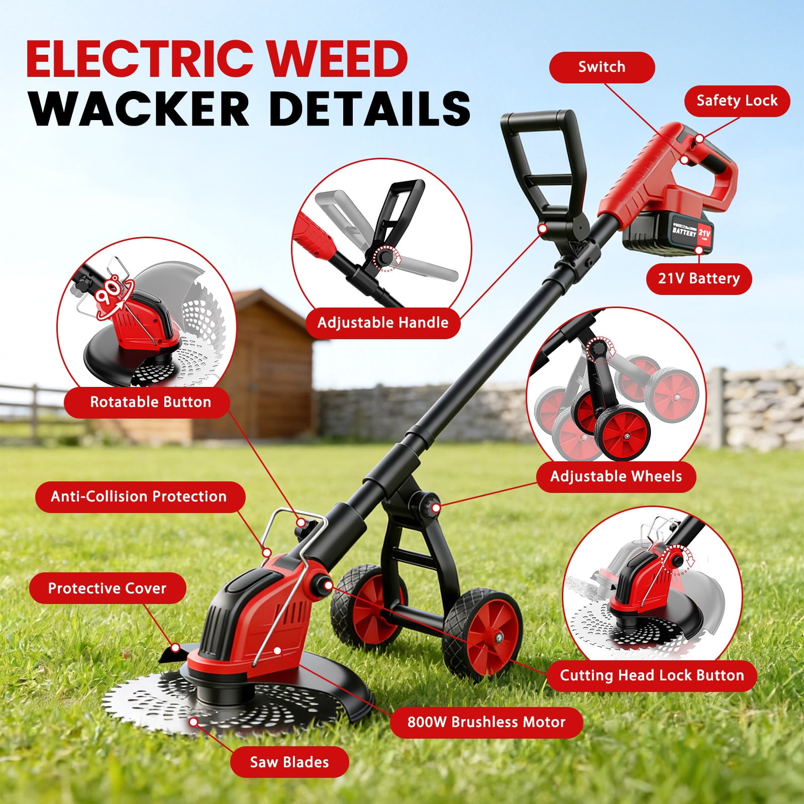 Tanbaby 12-inch Cordless Weed Wacker, Electric Weed eater with Wheels, String Trimmer with two 3.0Ah Batteries & 4 Types Cutting Blades for Lawn Garden Trimming