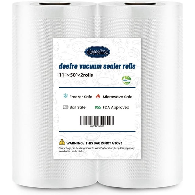 Deefre Vacuum Sealer Bags 2 Rolls 11"x50' Commercial Grade Food Saver Bags for Seal a Meal, BPA Free, Heavy Duty, Great for vac Storage, Meal Prep or Sous Vide