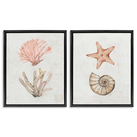 Stupell Industries Neutral Pastel Sea Life Nautical & Beach Painting Black Floater Framed Canvas Art Print Wall Art, 17 x 21, Set of 2