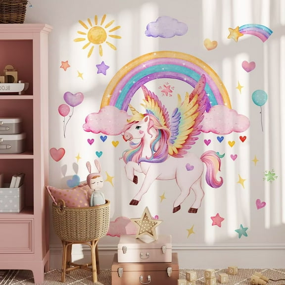 Rainbow Wall Stickers Unicorn Clouds Peel and Stick Wall Art Decals for Girls Bedroom Kids Room Baby Nursery Removable Home Decor Bedroom Sofa TV Wall Art Decoration