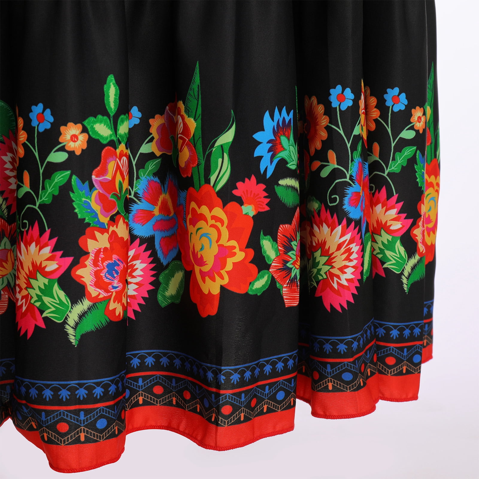 IBTOM CASTLE Women's Mexican Dress Floral Print Smocked Traditional Wear Off Shoulder Beach Holiday Party Long Maxi Dresses M Black