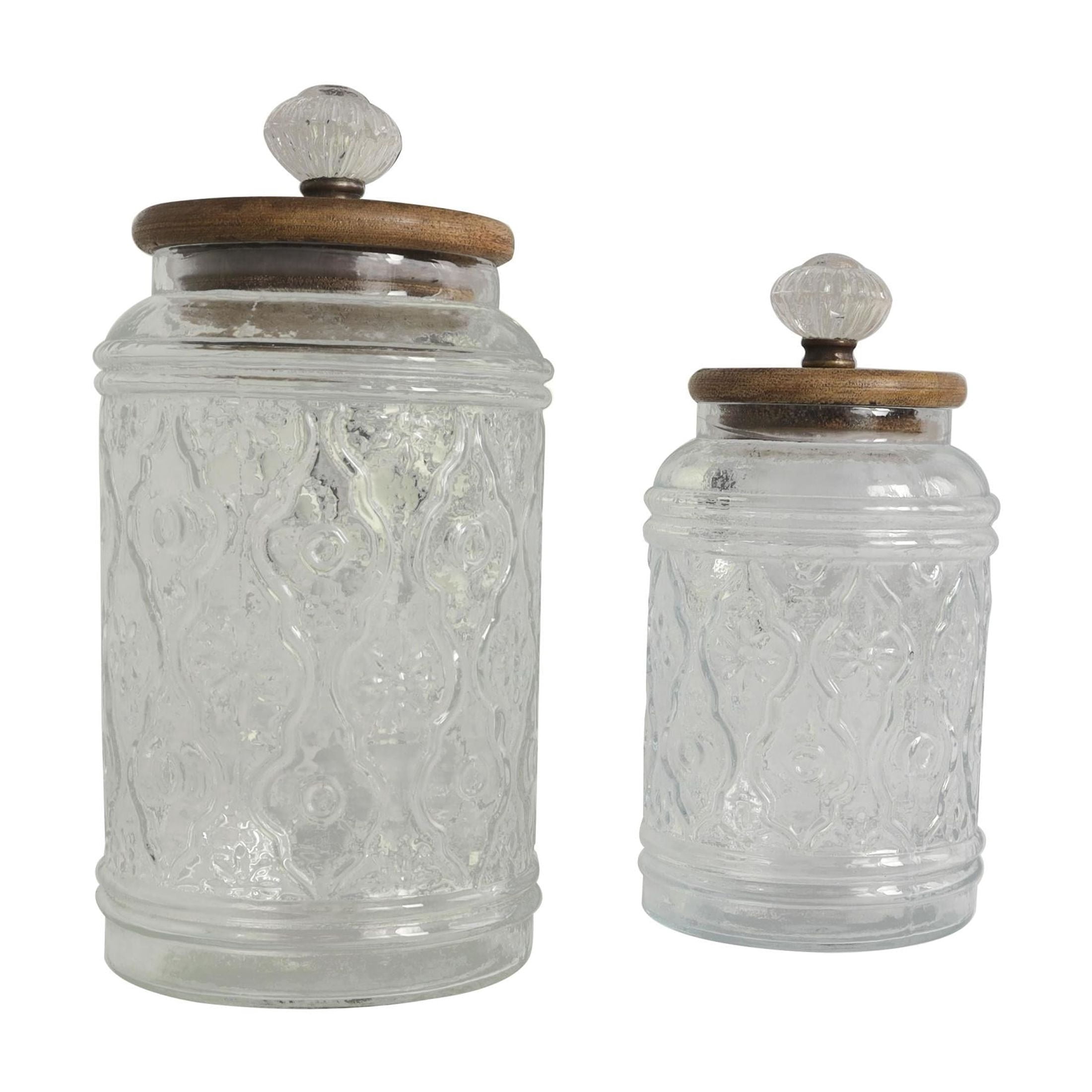DecMode 9", 8"H Clear Glass Floral Decorative Jars with Brown Wooden Lids and Antique Style Knobs, 2-Pieces