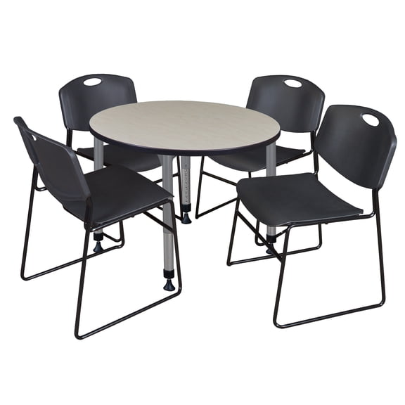 Romig Trek 42 in. Round Adjustable Classroom Table- Maple & 4 Zeng Stack Chairs- Black & Grey Base