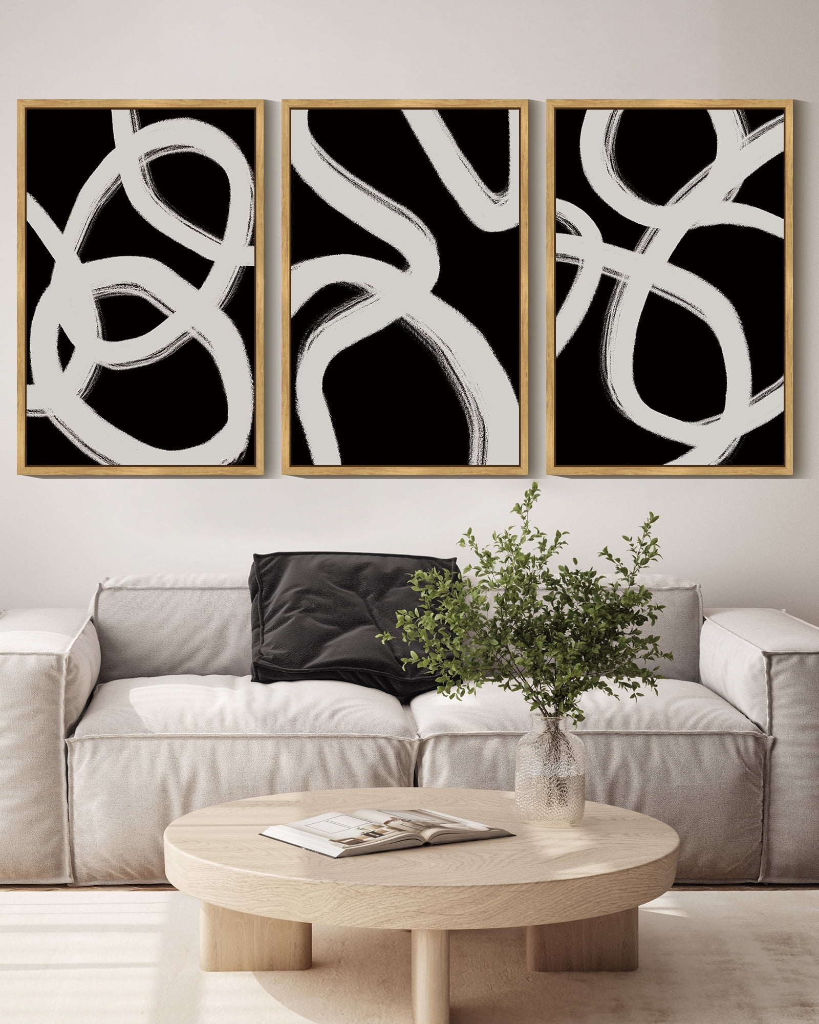 SHENIFY Black Abstract Boho Wall Art 16x24in3pcs Nautral Framed Wood Geometric Wall Decor Mid Century Modern Minimalist Bohemian Bedroom Decor Canvas Prints Ready to Hang for Bedroom