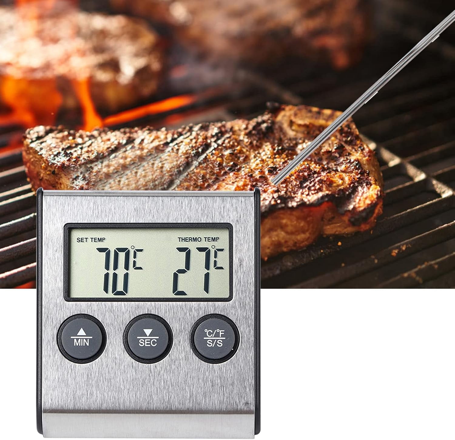 ABPETE Digital Meat Thermometer for Cooking and Grilling, Food Thermometer with LCD Display and Timer, Stainless Steel Temperature Probe, Cooking Thermometer for BBQ, Grill, Baking