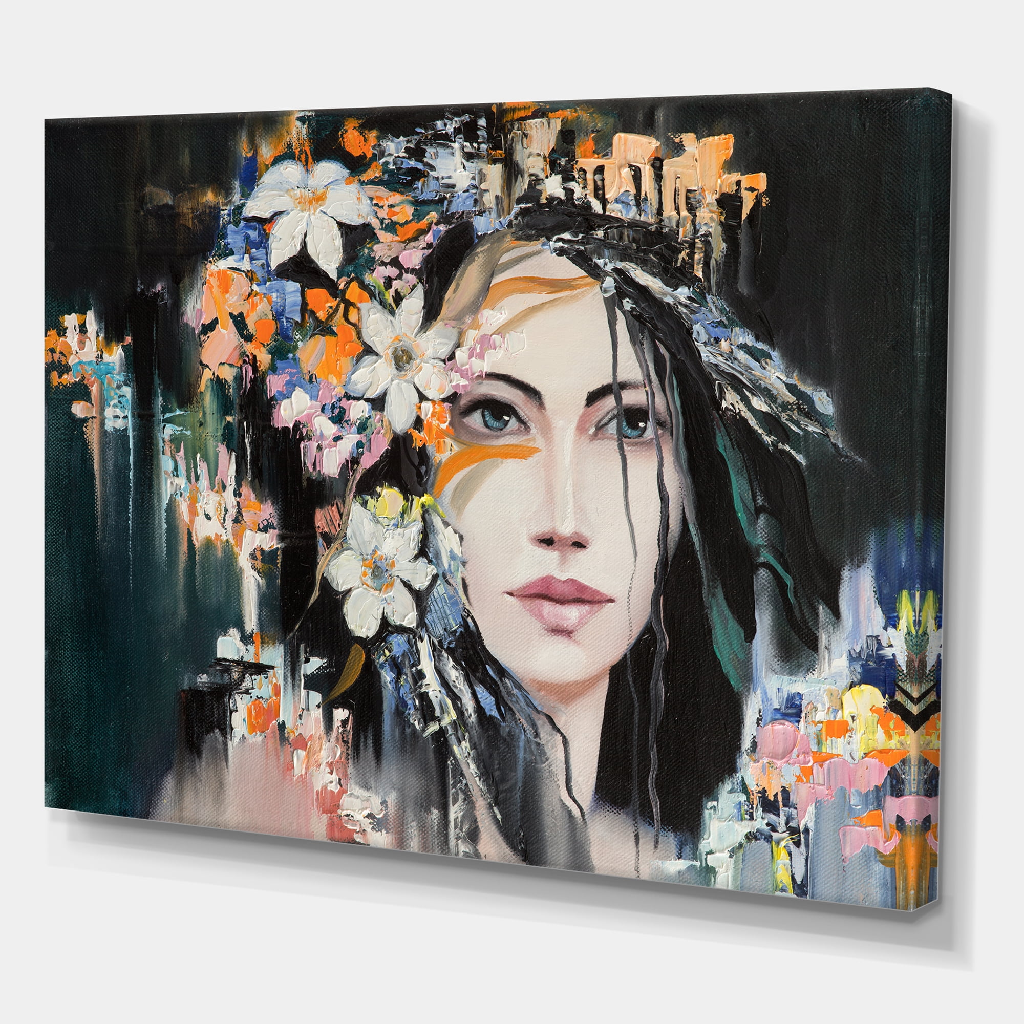 Designart ' Portrait Of A Young Woman With Flowers I ' Modern Canvas Wall Art Print