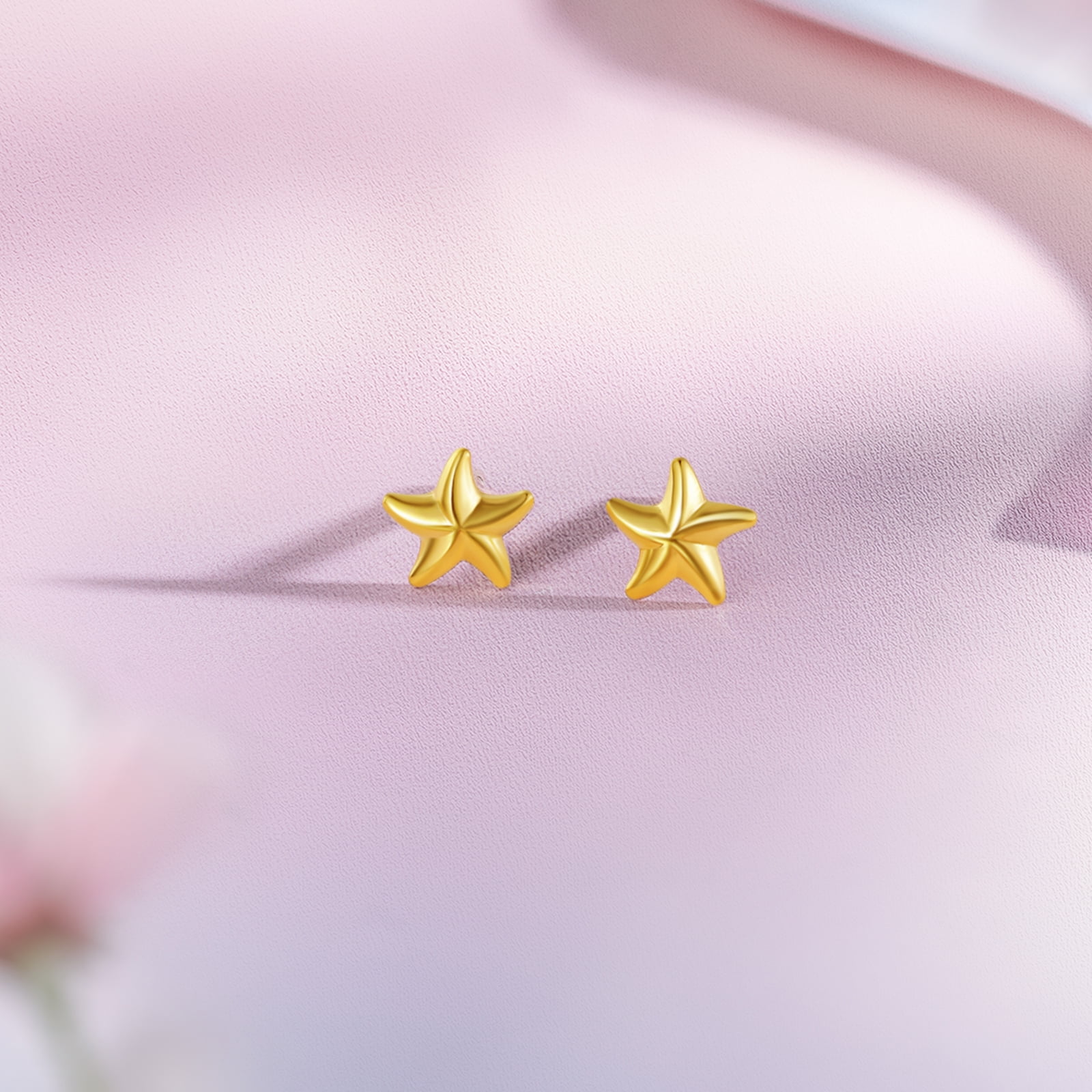 ZHOU LIU FU 24K Solid Gold Starfish Stud Earrings - Cute Minimalist Hypoallergenic Earrings Summer Jewelry for Women