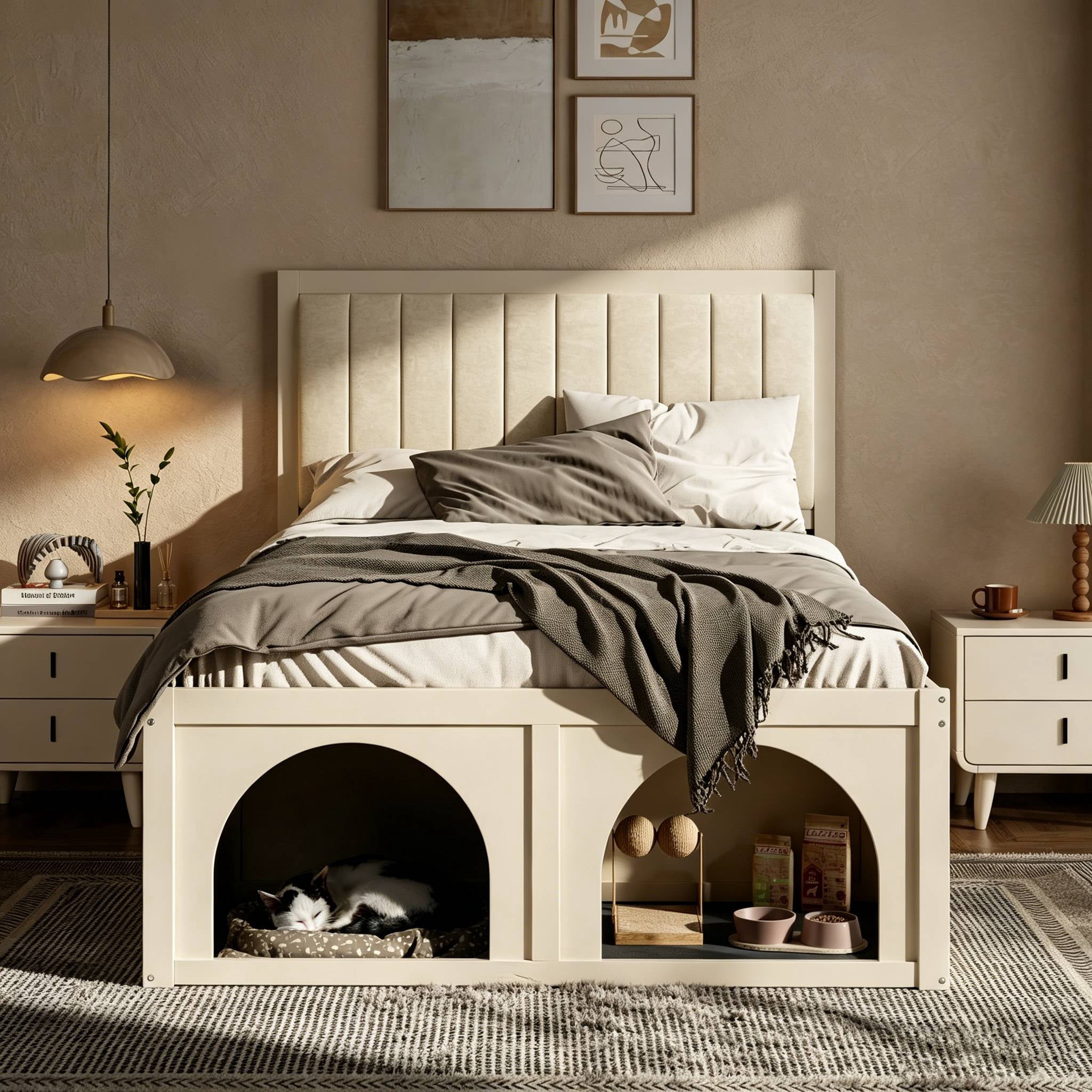 Mintazer Full Size Upholstered Platform Bed Frame with Under‑Bed Pet Nook, Channel Tufted Headboard Bed for Bedroom, Beige