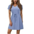 thumbnail image 2 of Horkkom A Line Dresses for Women Summer V Neck Mini Dresses Casual Belted Waist Drawstring Sundresses Blue L, 2 of 6