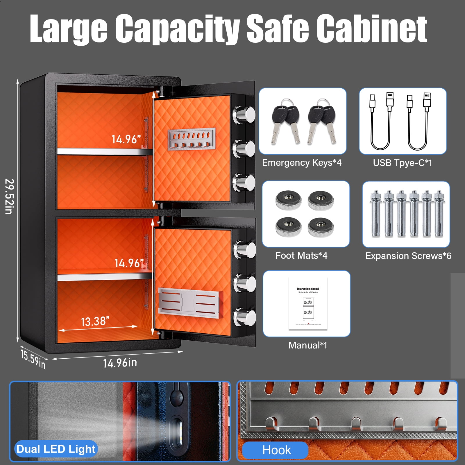 Riflevault Large Biometric Safe Box, 29.5" Double Door Alloy Steel Security Cabinet, Fingerprint Touchscreen Keypad Safe with Alarm System, Removable Shelves & Internal LED for Home Office
