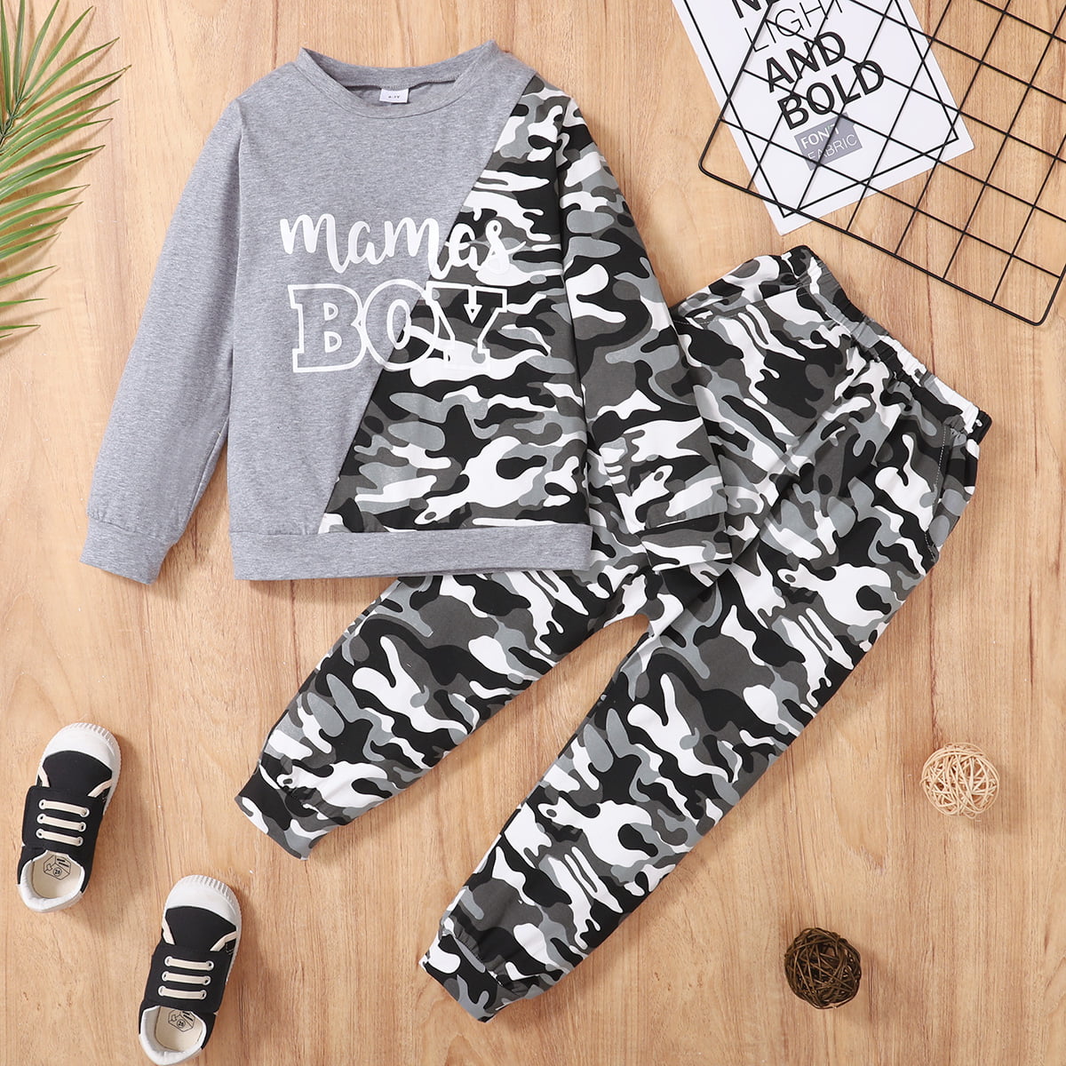 2pcs Baby Boy Letter Print Grey Camouflage Long-sleeve Sweatshirts and Trousers Set