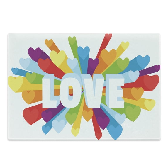 Pride Cutting Board, Love Burst with Little Colorful Hearts and Word LGBT Gay Lesbian Romance Theme, Decorative Tempered Glass Cutting and Serving Board, Large Size, Multicolor, by Ambesonne