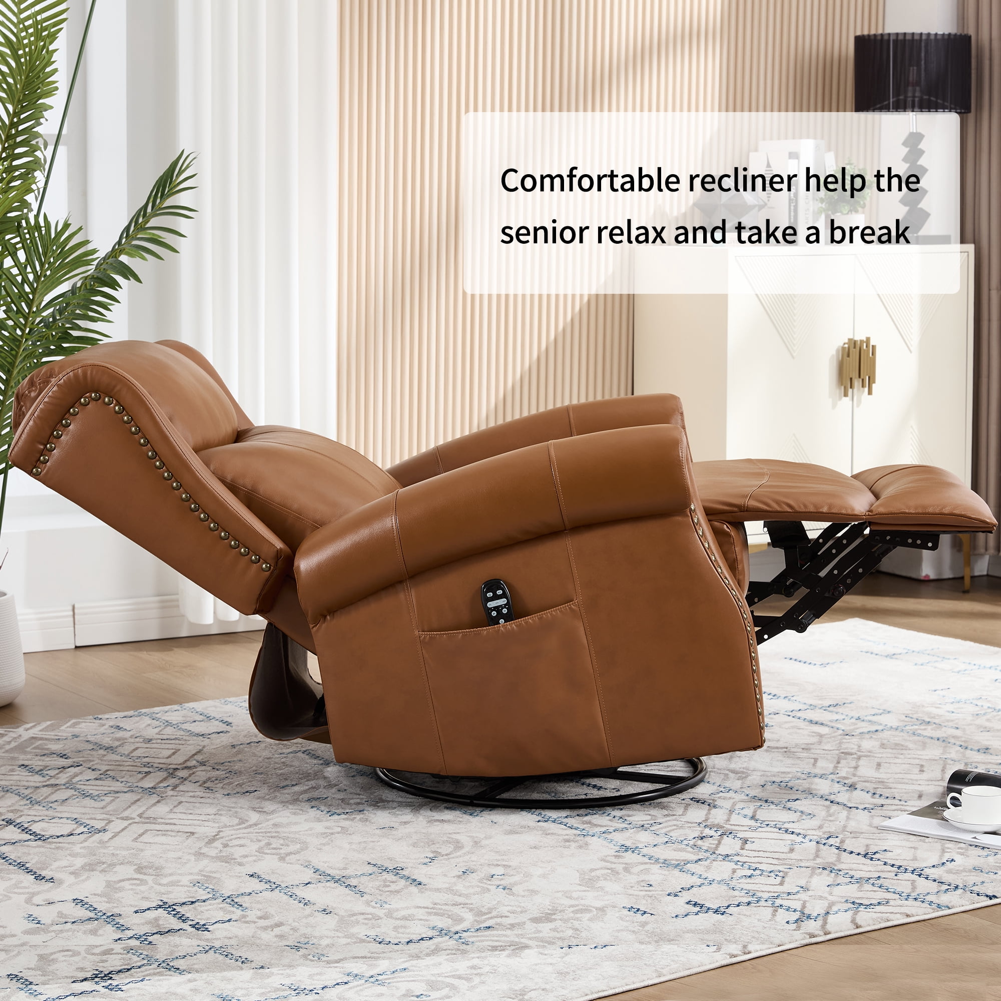 Leumius Swivel Rocker Recliner Chair with Vibration Massage and Lumbar Heating,Ergonomic Lounge Chair with Rocking Function,Rivet Design,Yellow