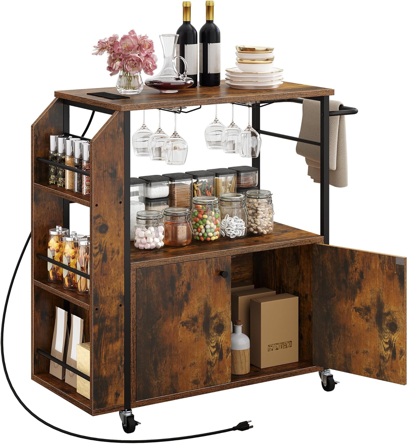 Kitchen Island Cart with Power Outlet, 36 Inch Mobile Kitchen Cart with Open Shelves, Rolling Portable Serving Utility Carts on Wheels with Storage for Kitchen, Dining Room, Brown