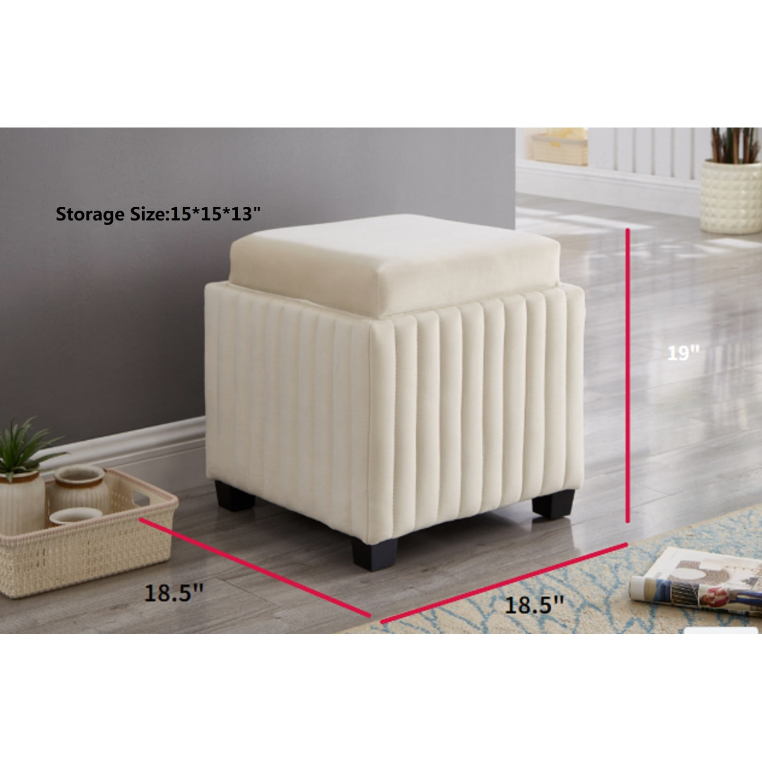 18 Inch Beige Square Cube Storage Ottoman Bench with Coffee Tray for Living Room and Bedroom