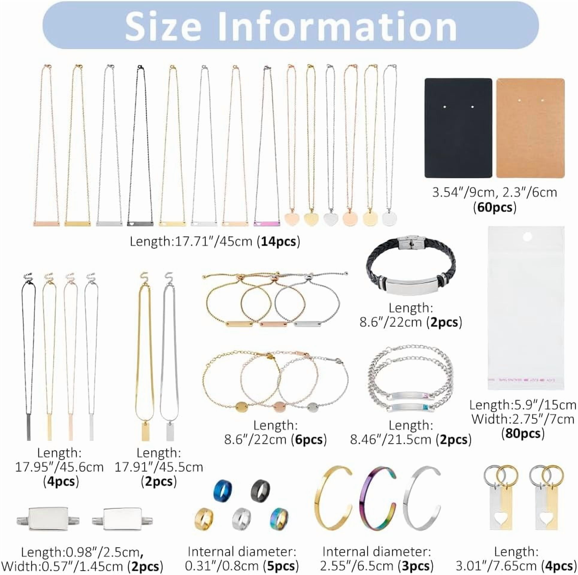 184Pcs Jewelry Making Engraving Accessories 304 Stainless Steel Laser Engraving Materials Engraved Motivational Charms Including Blank Necklaces Bracelets Keychains Rings for DIY