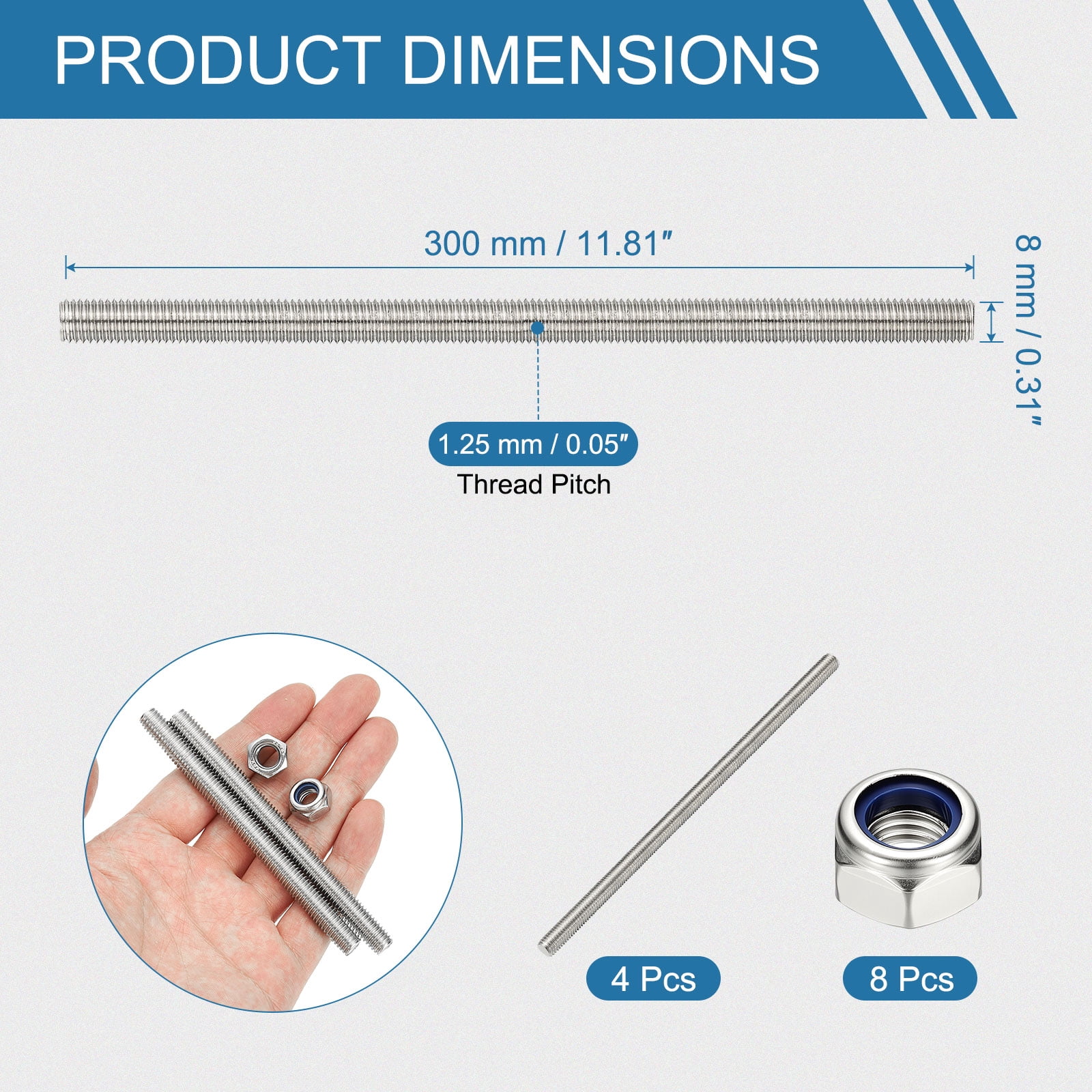 Uxcell Fully Threaded Rod, M8 x 300mm 304 Stainless Steel Right Hand Thread Bar Studs with Nuts, 4 Pcs