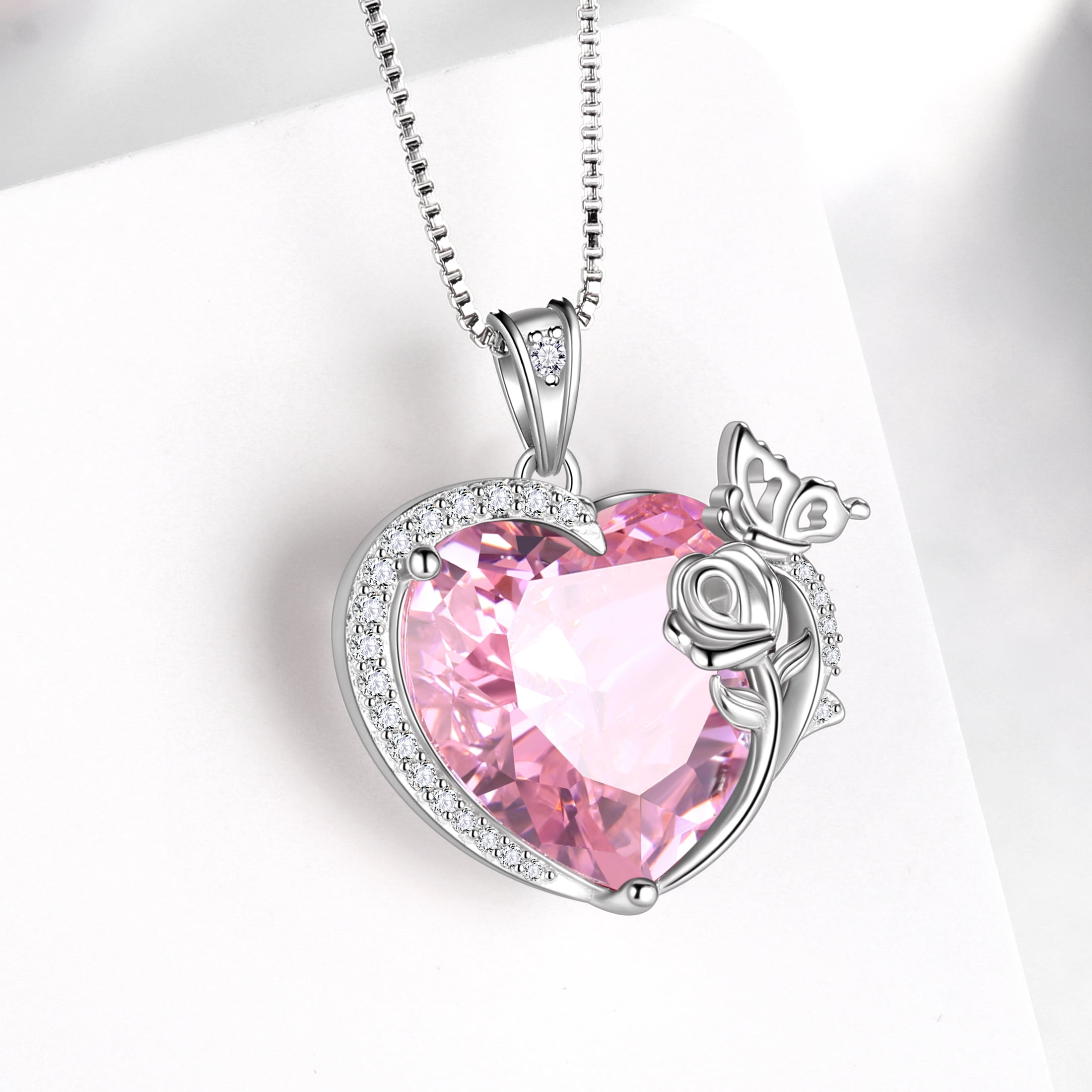 Juwaliy Women Heart Necklace Butterfly Rose Flower Pendant October Birthstone Tourmaline Pink Jewelry 925 Sterling Silver Mother Wife Girlfriend Valentines Gift