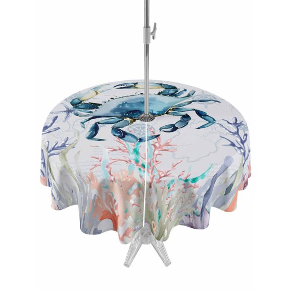 Outdoor Tablecloth with Umbrella Hole for Patio/Picnic/Party/Camping, Coastal Animals Waterproof Table Cloth Round Cover Washable, Summer Ocean Crab Turtle Coral Jellyfish Blue (Dia 60")