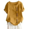 thumbnail image 2 of larppty Oversized Crew Neck Linen Tops for Women Short Sleeve Cotton Blend Tee Shirts (Yellow, 5XL), 2 of 5