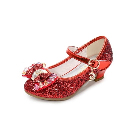 

Avamo Children Princess Shoe Glitter Dress Shoes Bow Mary Jane Sandals School Performance Comfort Sparkling Red 2.5Y