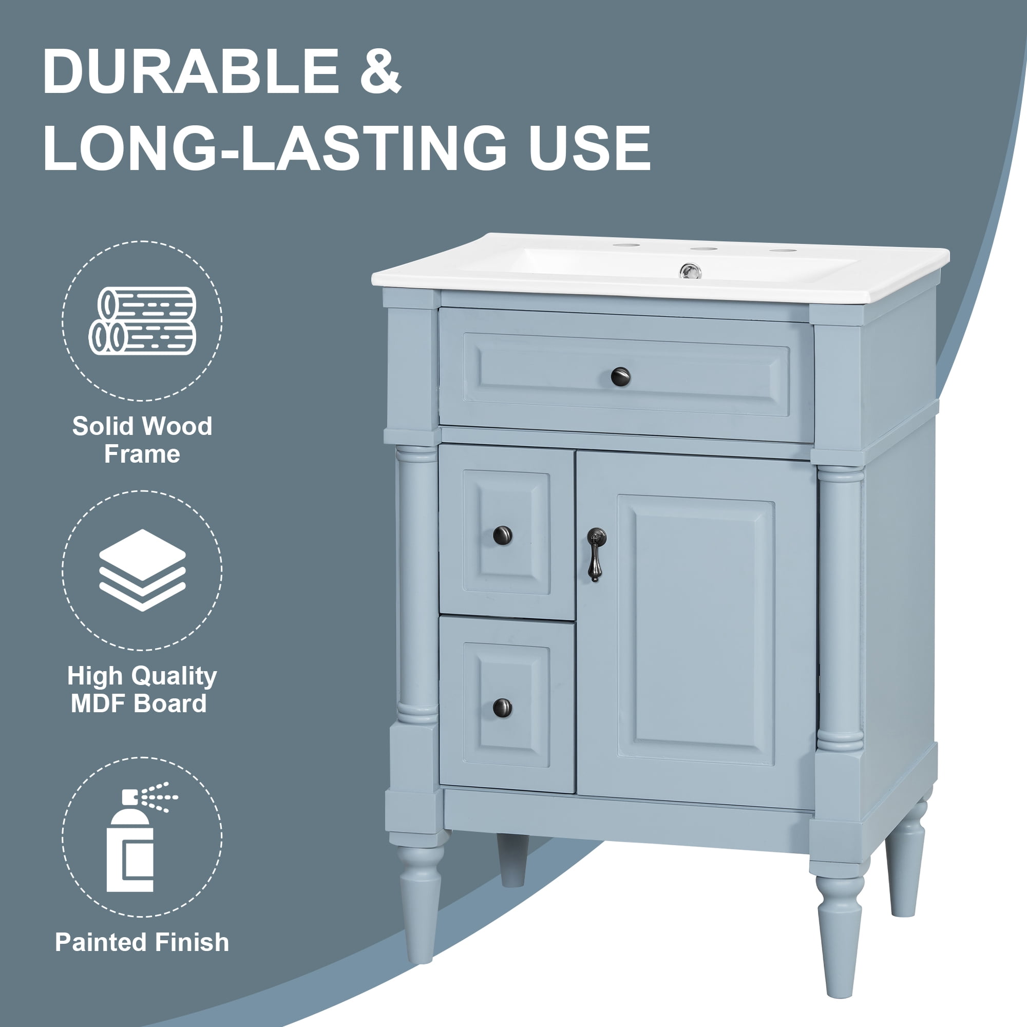 Euroco 24 Inch Bathroom Vanity with Sink, Grey Blue Freestanding Bathroom Cabinet with Flip Drawer, Adjustable Shelf, Solid Rubberwood Frame, MDF Panels & Metal Handles
