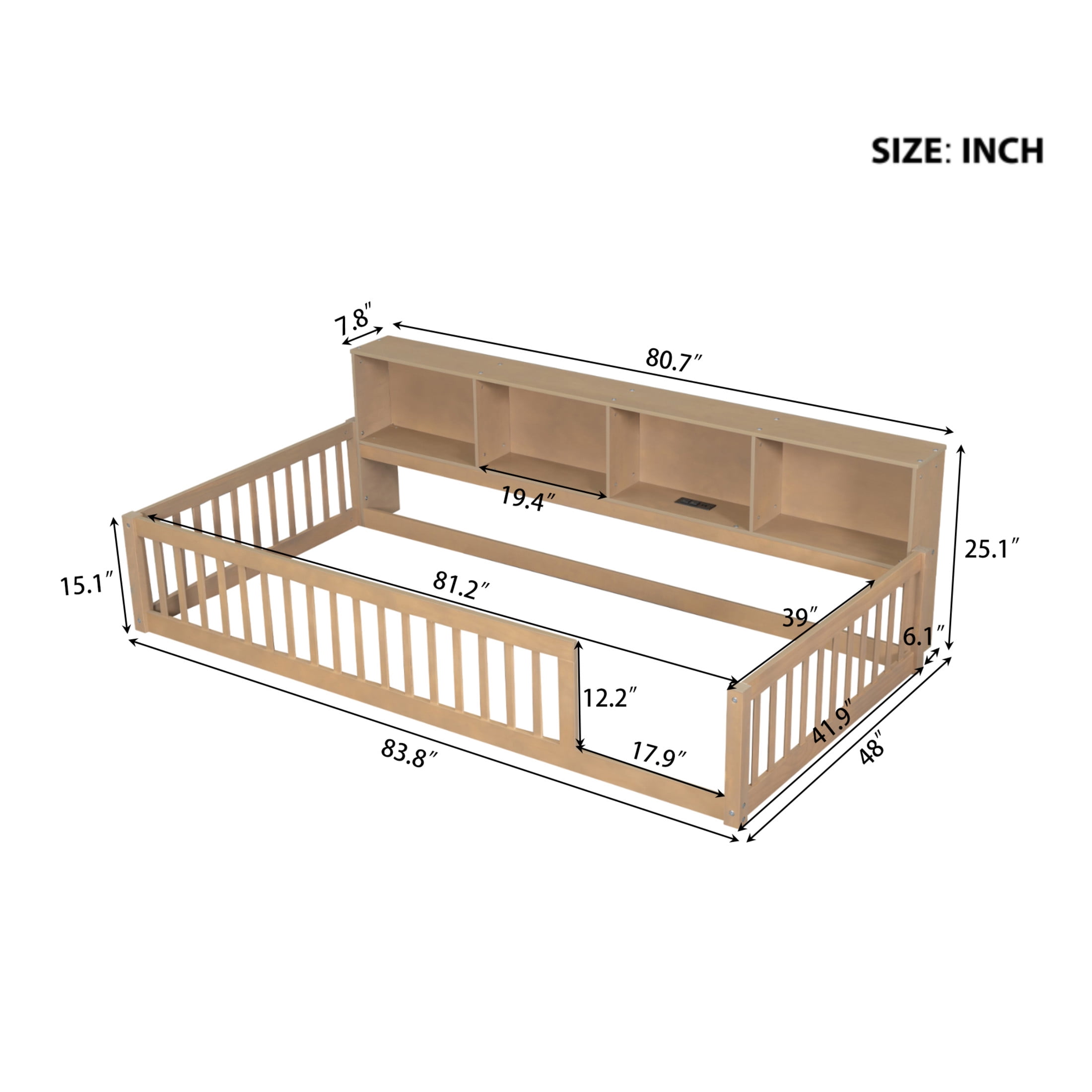 Noble House Twin XL Wood Floor Bed with Storage Cabinets and USB Charging Station, Space Saving Design, Brown