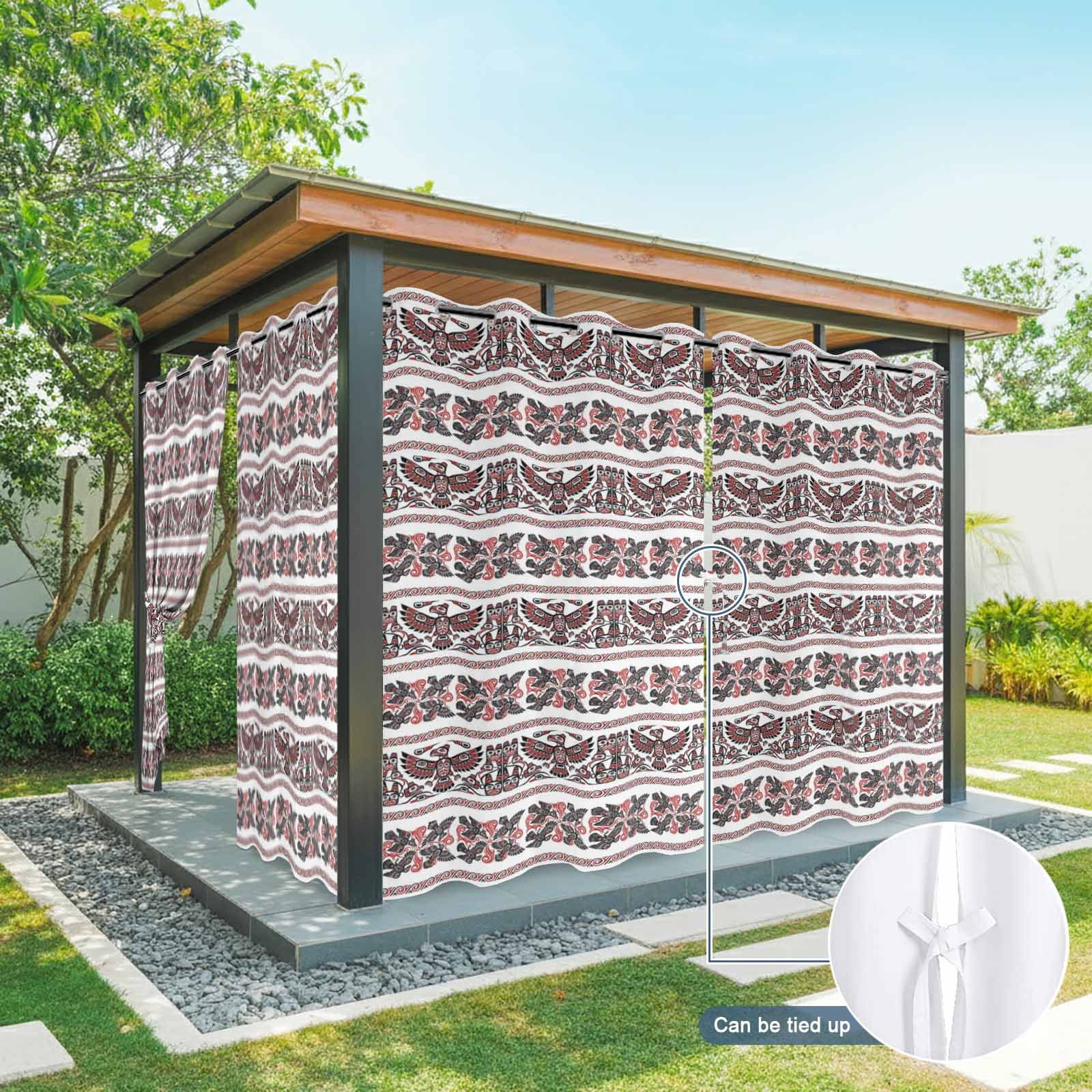 Ethnic Tribal Style Outdoor Curtains for Patio, Bird Geometric Boho Red White Rustic Sunshade Privacy Drapes Grommet Waterproof Outside Curtains for Porch/Cabana/Balcony 54"x 108", 1 Panel