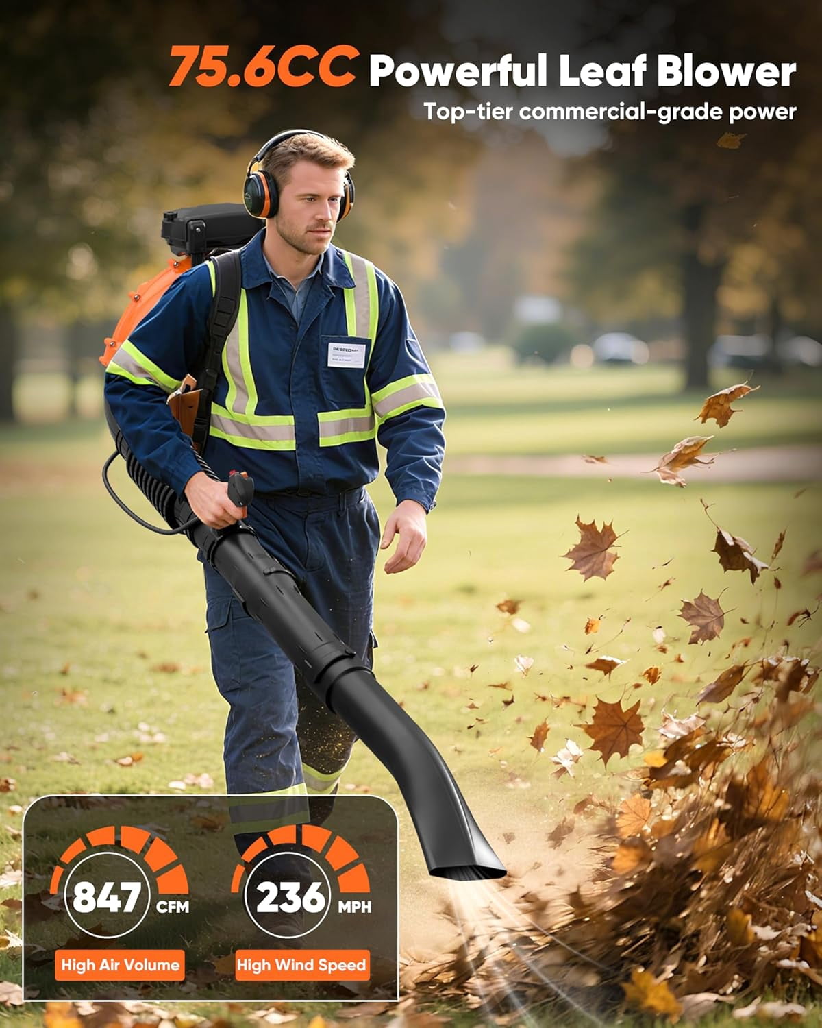75.6CC Gas Leaf Blower Backpack 847CFM 2-Cycle Ergonomic Harness System -236 MPH Low Vibration -Cruise Control Powerful Gas Blowers for Lawn Yard Care