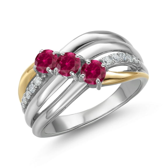 Gem Stone King 925 Silver and 10K Yellow Gold Red Created Ruby and Lab Grown Diamond Engagement Ring for Women | 0.90 Cttw | Round 4MM | July Birthstone | Size 7