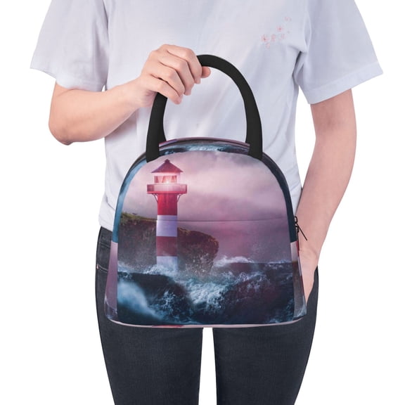 Ratiio lighthouse Waves Torrential Rain Print Insulated Lunch Bag Women Reusable Lunch Box with Pocket for Work Picnic Travel
