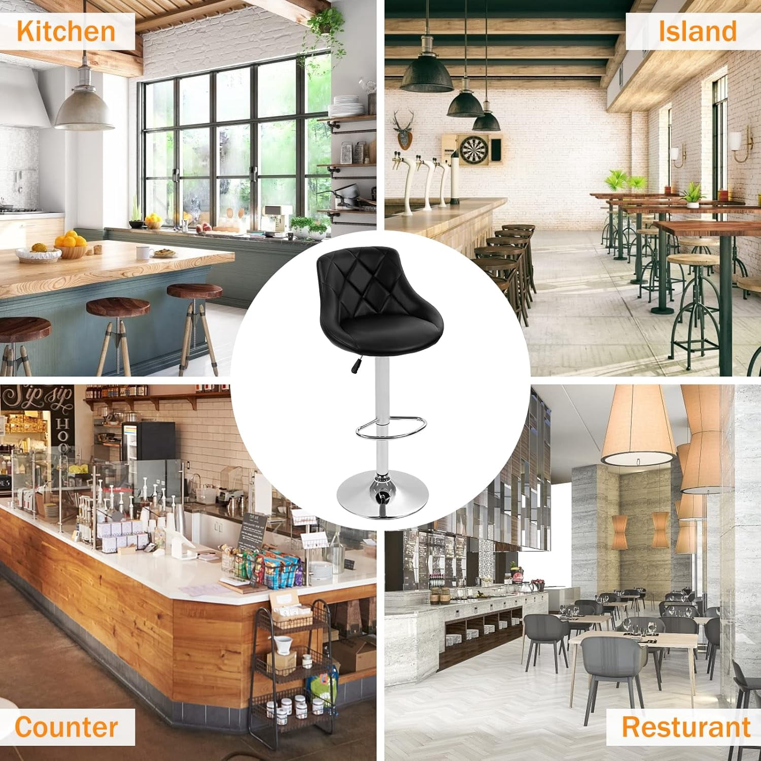 Modern Bar Stools Set of 2 Counter Height Adjustable Bar Chairs with Back and Chrome Base PU Leather Barstools Island Chairs for Kitchen Living Room Pub Swivel Bar Stools (Black)