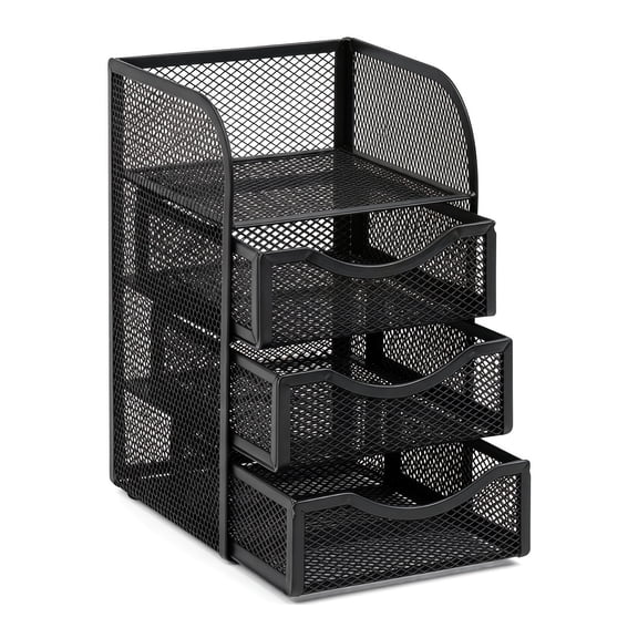 Damkogic Mesh Desk Organizer with 3 Drawers & Top Tray – Paper Clip Holder, Post-it Note Organizer, and Desktop Storage for Home Office Supplies