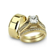 Her and His 14K G.P. Stainless Steel 3pc Wedding Engagement Ring and Men's Band Set Women's Size 10 Men's 06mm Size 10