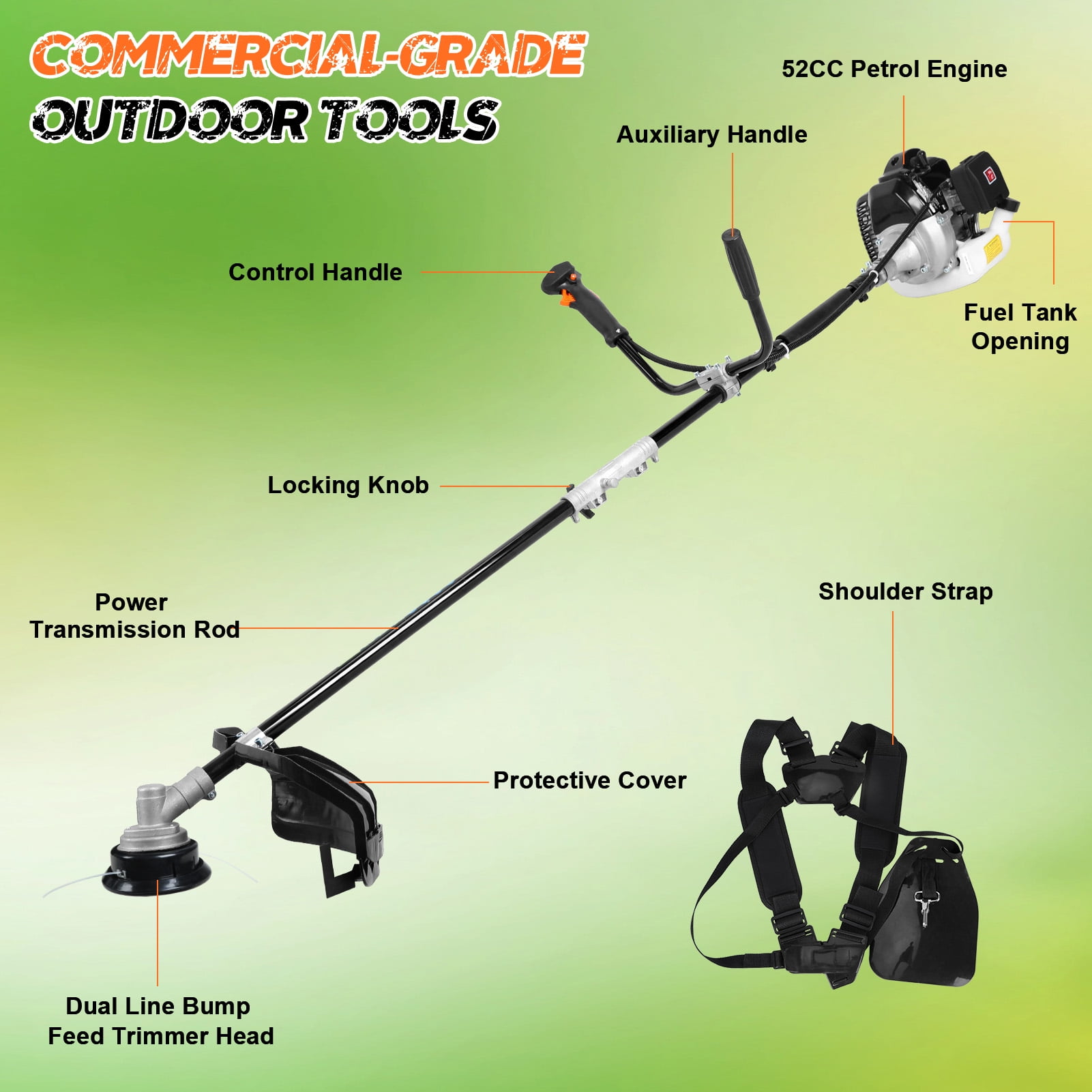 Yifeus Backpack Grass Trimmer, Strong Powerful Full Functioning Weed Eater Grass Trimmer Hedge Trimmer 52cc 2-Stroke Gas Straight Shaft String Gasoline Lawn Mower