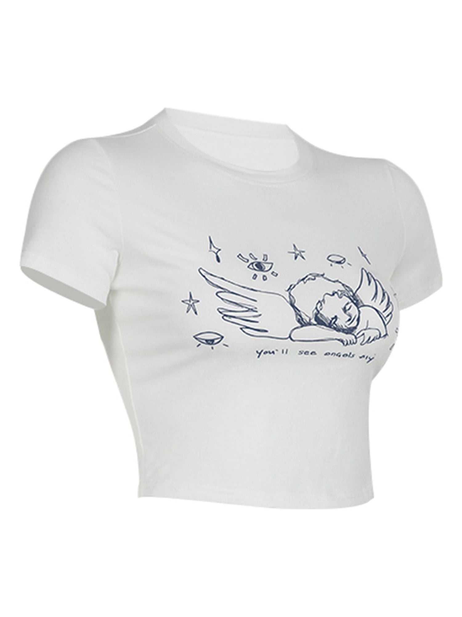 Historisch günstigster Preis Carolilly Women Grunge Baby Angel Tees Fairycore Fashion Clothes Cute Sleeve Short Street 90s Tops Vintage Print T-shirt Crop Retro