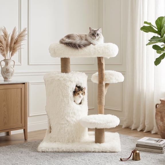 Morden Cat Tree for Indoor Cats, Aesthetic Cat Tree w/Natural Solid Wood Scratching Post, Cat Tower with 2 Hanging Toy Ball for Multi-Cat Households, 3 Flower Perches (Cloud)