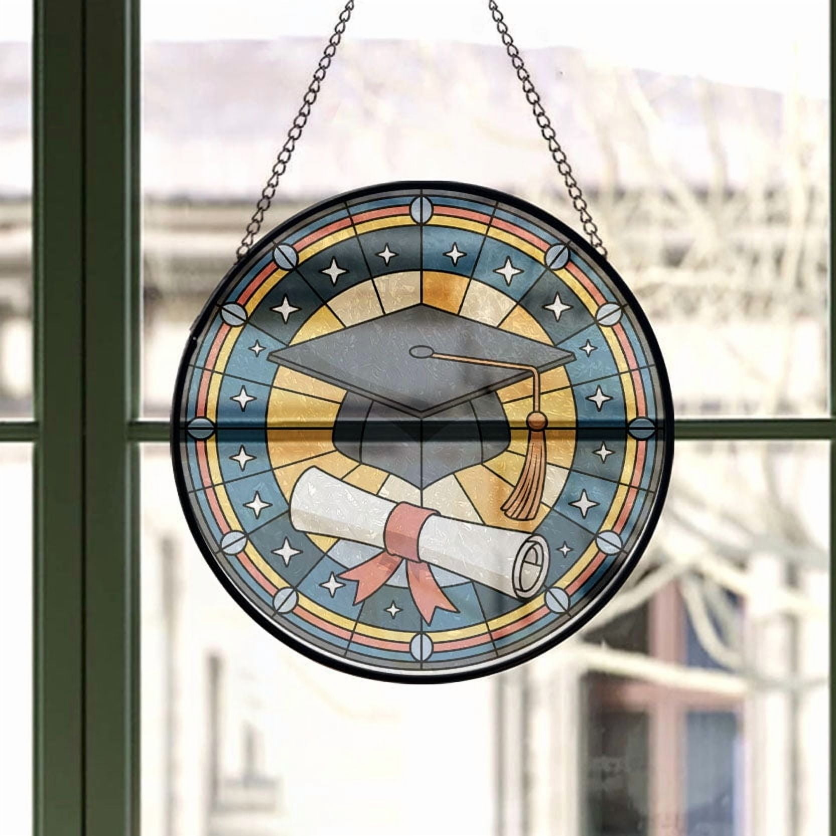 A Graduation Cap and Diploma Stained Glass Suncatcher Window Hanging – Customizable Window Hanging for Loved Ones, Family or Friends, Christmas 2025 Holiday Tree Decoration