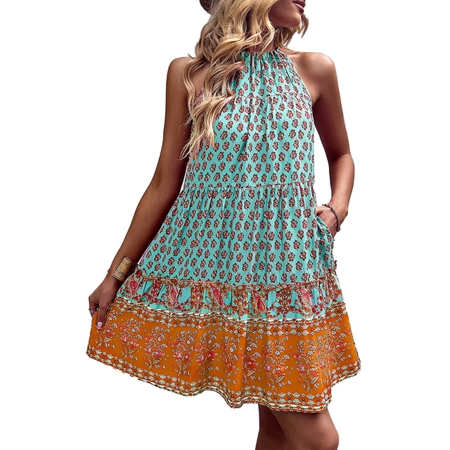 Vestido Sin Mangas Con Estampado Bohemio, Vestido De Cuello Halter Agradable A La Piel, Patrón En Capas, Informal, Transpirable Para Citas ANGGREK Verde S