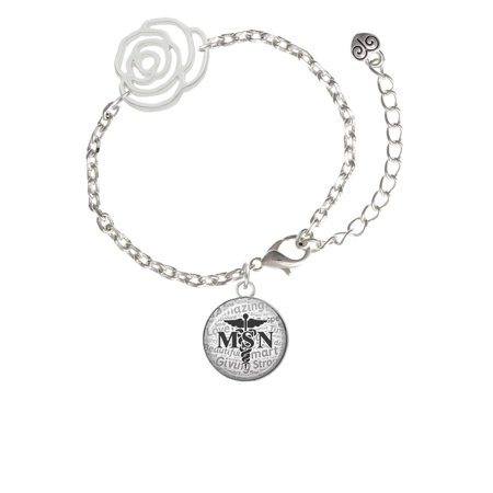 Delight Jewelry Silvertone Domed Black MSN Silver-tone Flower Link Chain Bracelet, 6.75"+2" Extender