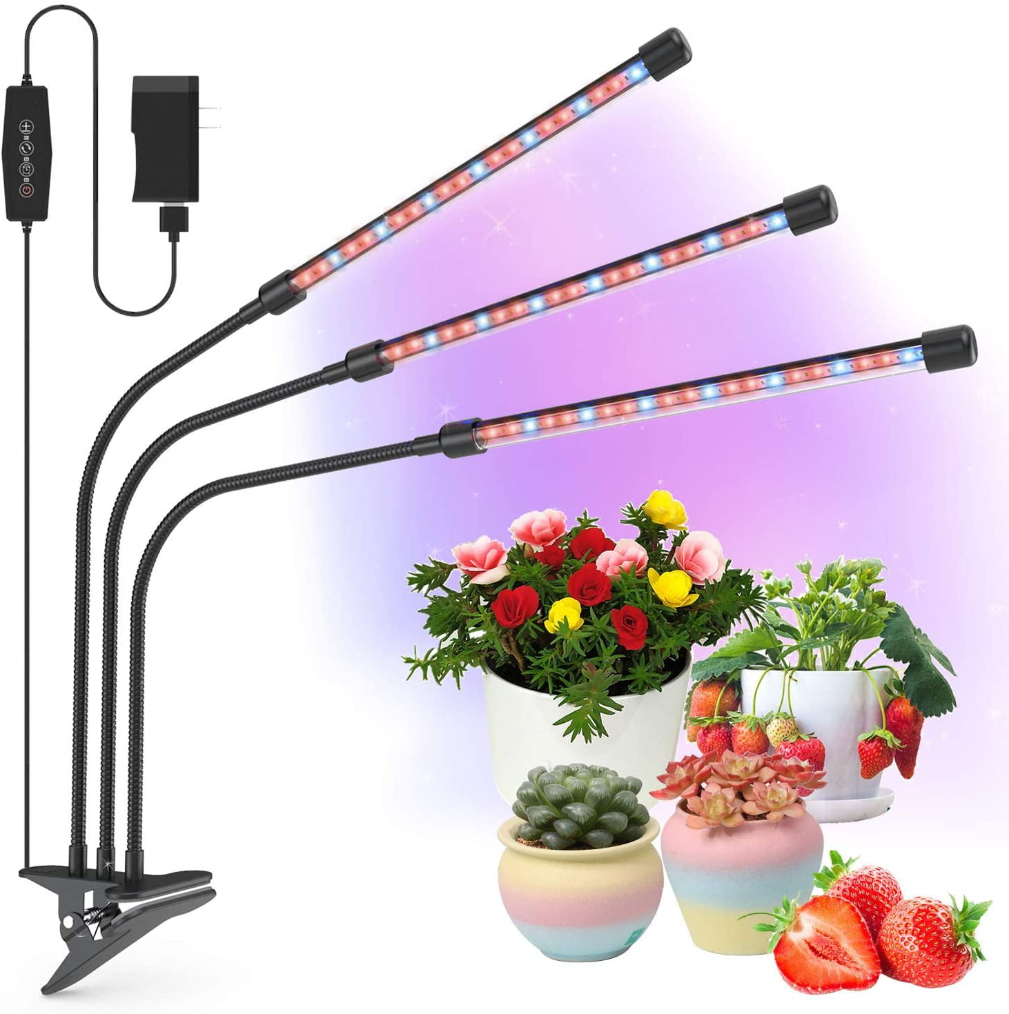 LED Grow Light with Adjustable Tripod RHM Four-Head Grow Lights for Indoor Plant with Cycle Timer/Remote Control/Red Blue & Mixed Spectrum/4 Lighting Modes/10 Level Dimming