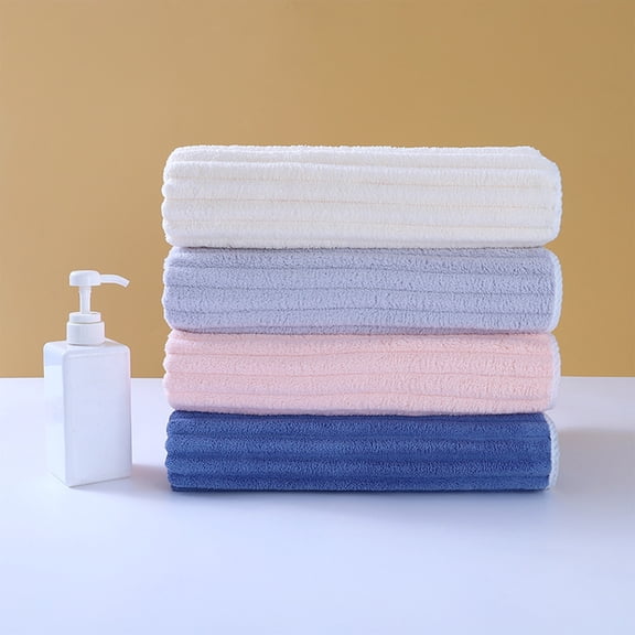 Coral Fleece Bath Towel, Large Striped Quick-drying and Absorbent Hair & Face Towel for Men and Women, Soft Polyester Bathroom Towel with Decorative Accent, Topliu