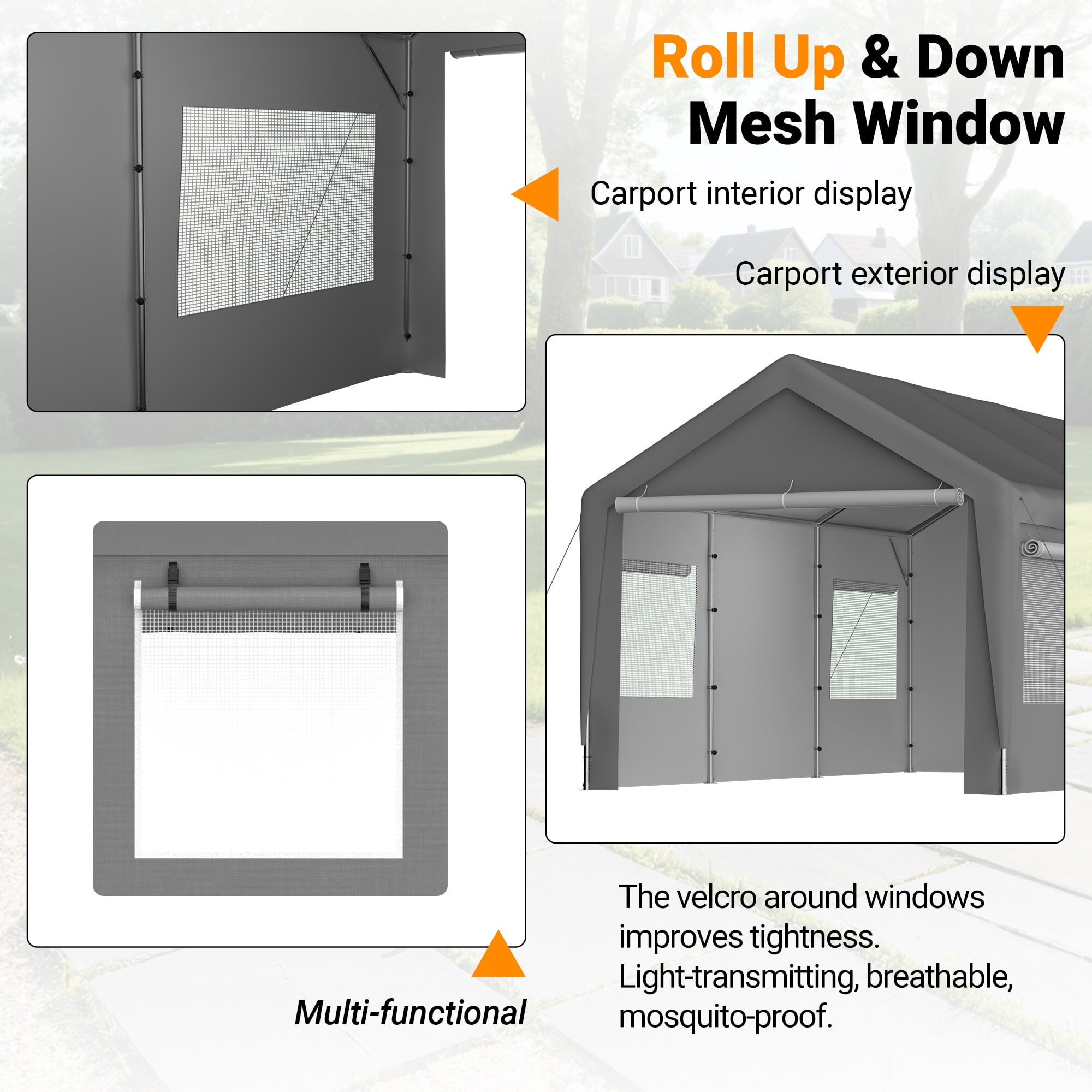 Residential Carports, Carport Canopy 10x20 FT Heavy Duty Boat Car Canopy Garage with Removable Sidewalls and Roll-up Ventilated Windows, Grey Outdoor Carports,Metal Portable Carports